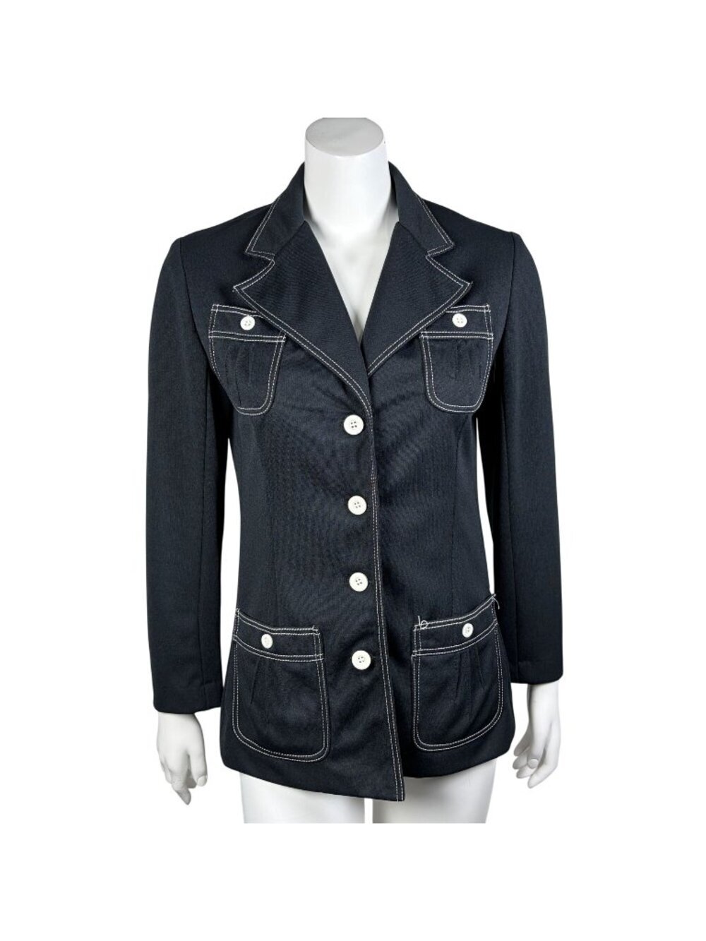 Vintage Tucker Knits Blazer Womens Size 10 Black w White Stitching Button Up